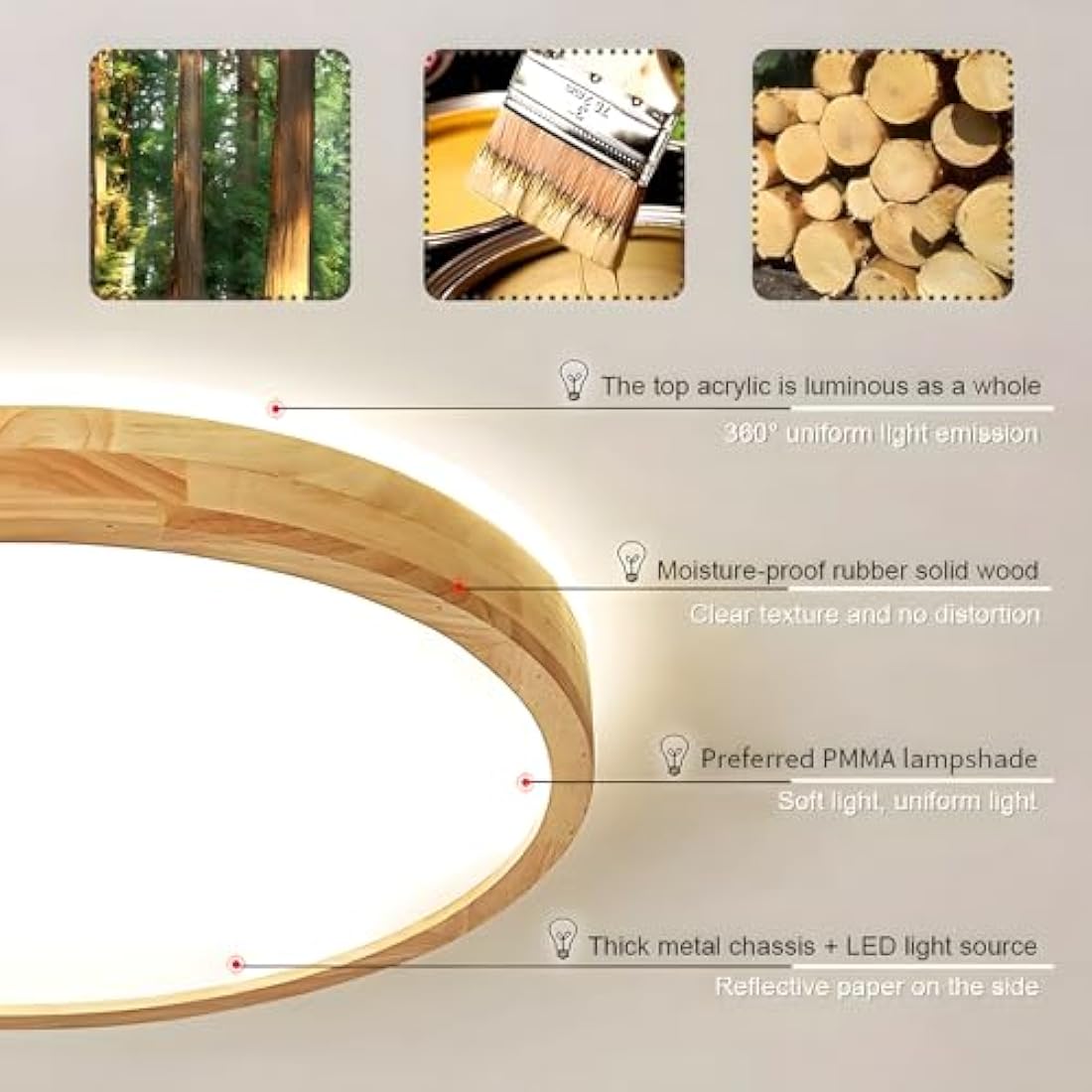WayLuoung Wood LED Ceiling Light | Ø40cm 3000-6000K 30W | Round Top 360° Glow Natural Wooden Lamp, Bedroom Living Room Children's Room Kitchen Dining Room Home Office (Dimmable with Remote Control)