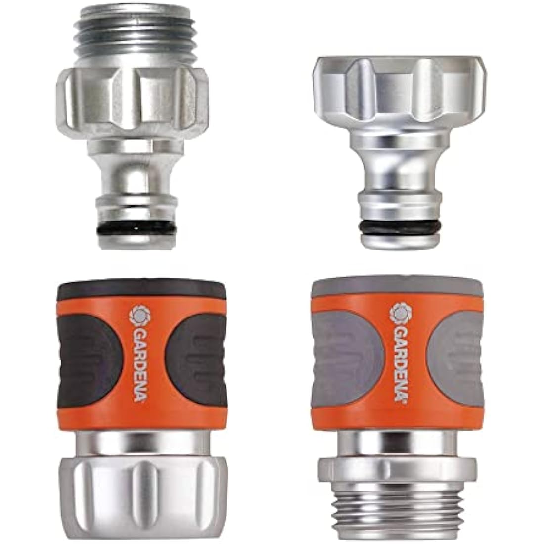 Gardena 39042-M 4 Piece Premium Metal Quick Connector Starter Set, Silver,Orange, Grey, Black