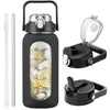 HYDRAGLAZIC 2L Glass Water Bottle with 2 Lids Flip and Chug Lids 2 Liter Large Water Jug with Time Marker and Silicone Sleeve BPA Free Leak-proof for Sports Gym, Black