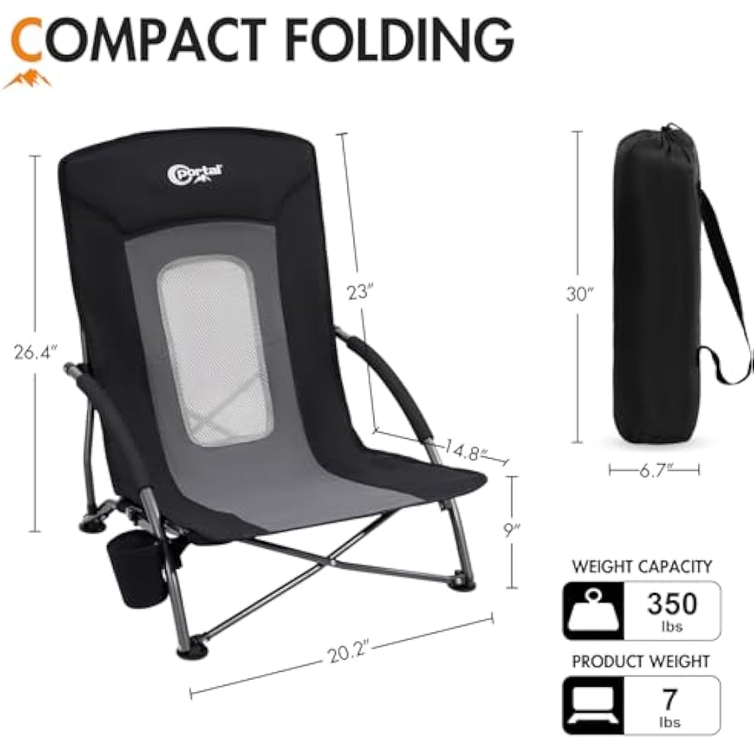 Portal Folding Beach Chairs Low Lightweight Portable for Adults Foldable Beach Seat Camping Festival Picnic Deck Chair Outdoor Collapsible with Cupholder Mesh Back Padded Armrests Supports 150KG
