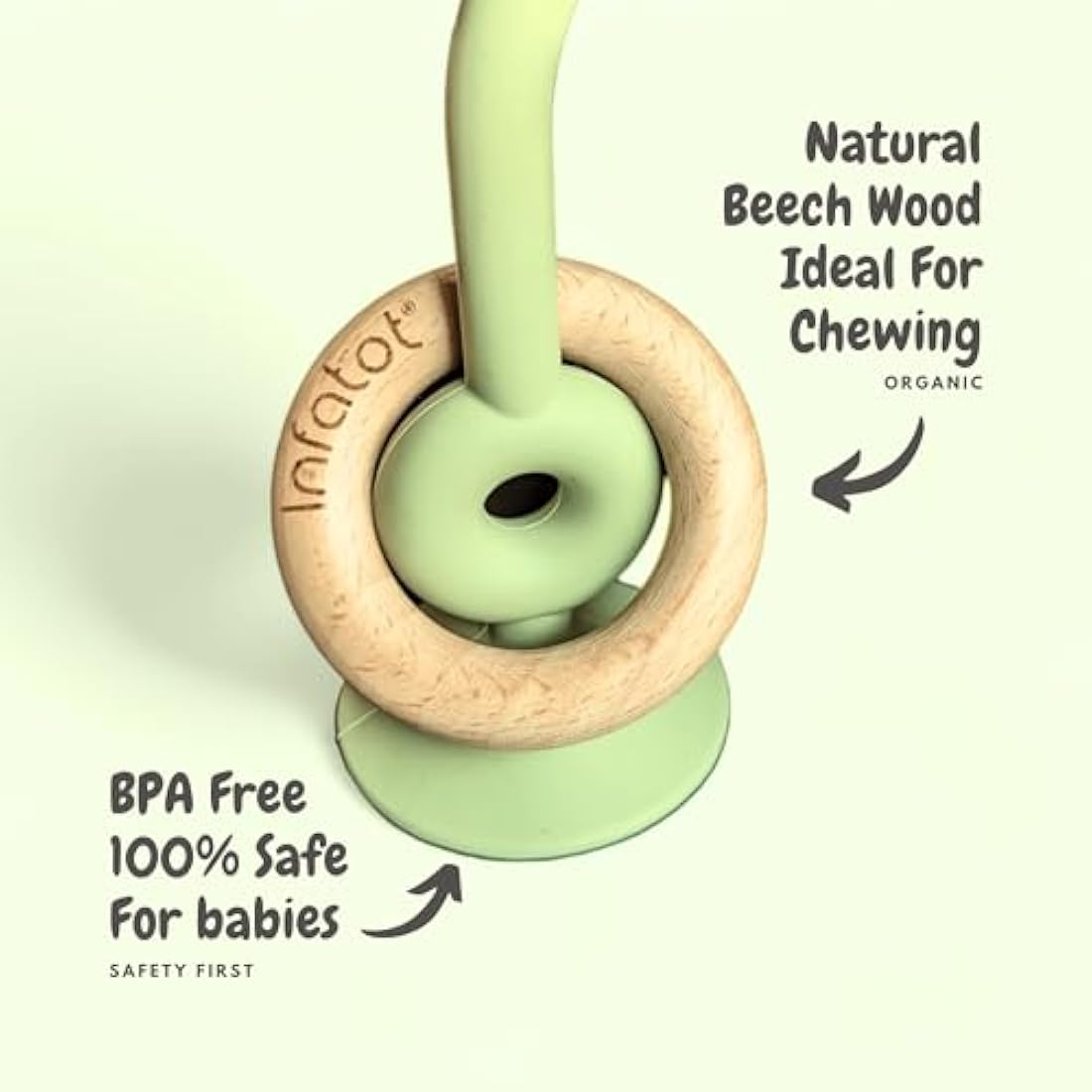 Infatot® Teething Suction Toy – Wood & Silicone Baby Toys 0-6 Months, Sensory Toy for Early Development, Suction Teether for High Chair, Baby Gift for Boys and Girls - Cream