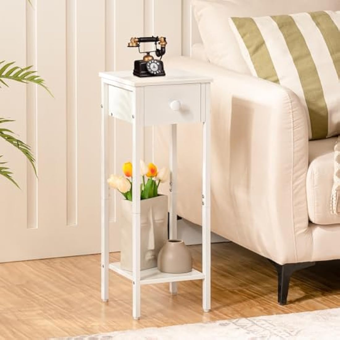 HOOBRO Slim Bedside Tables with Drawer, Small Side Table with Metal Frame, Tall Telephone Table for Small Spaces, Narrow Nightstand, Sturdy, White EWT771BZ01