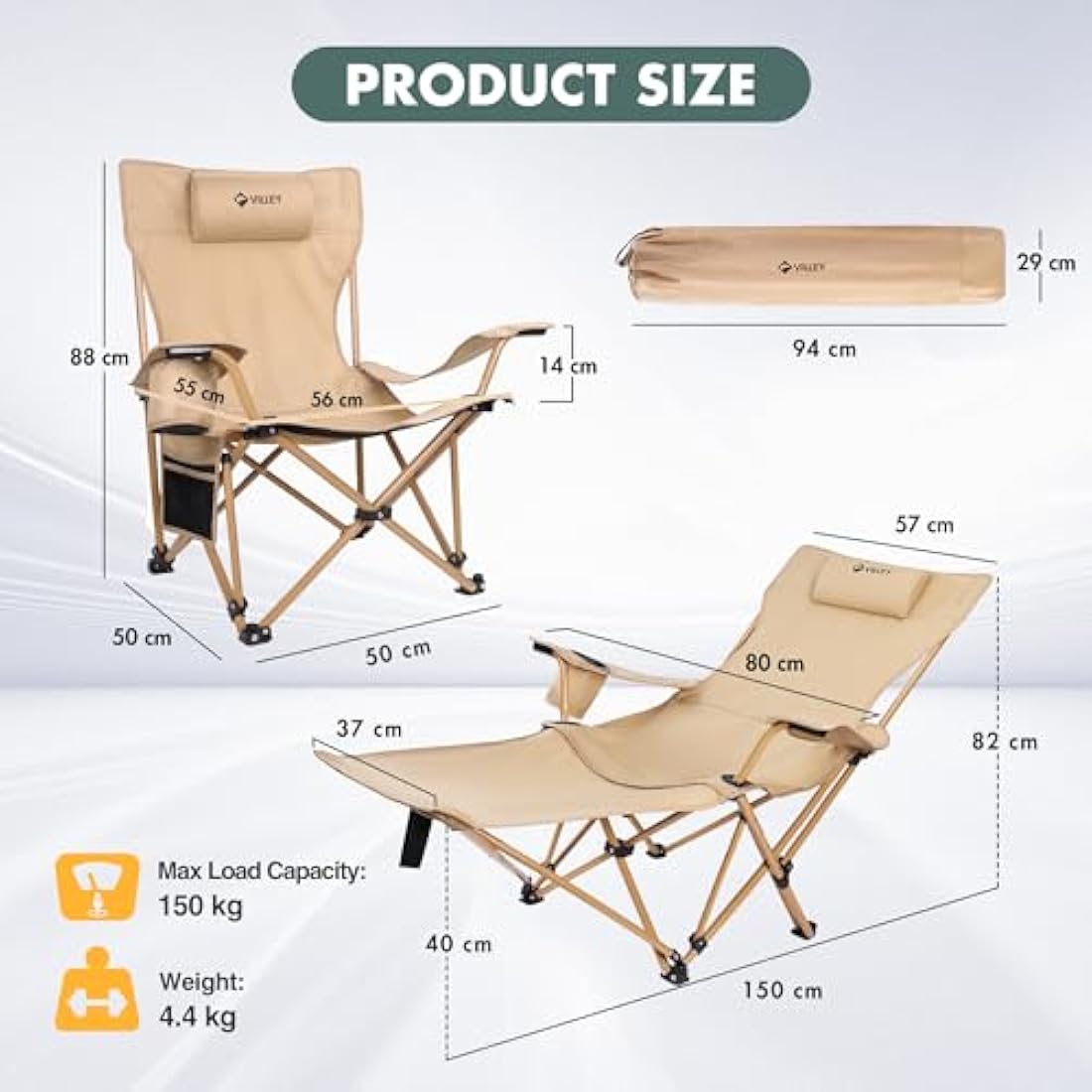 VILLEY Reclining Camping Chair with Removable Footrest, 2 in 1 Portable Adjustable Recliner Camp Chair, Headrest & Storage Bag, Supports Up to 150 kg
