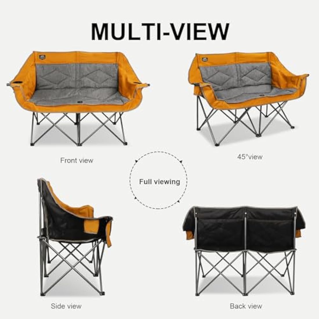 LANMOUNTAIN Folding Loveseat Camping Chair, Portable Double Chair w/Cup Holder,Wine Glass Holder,Carry Bag Heavy Duty Lawn Chair for 2 Adults,Perfect for Camp,Hiking,Picnics and Beach Trips,Orange
