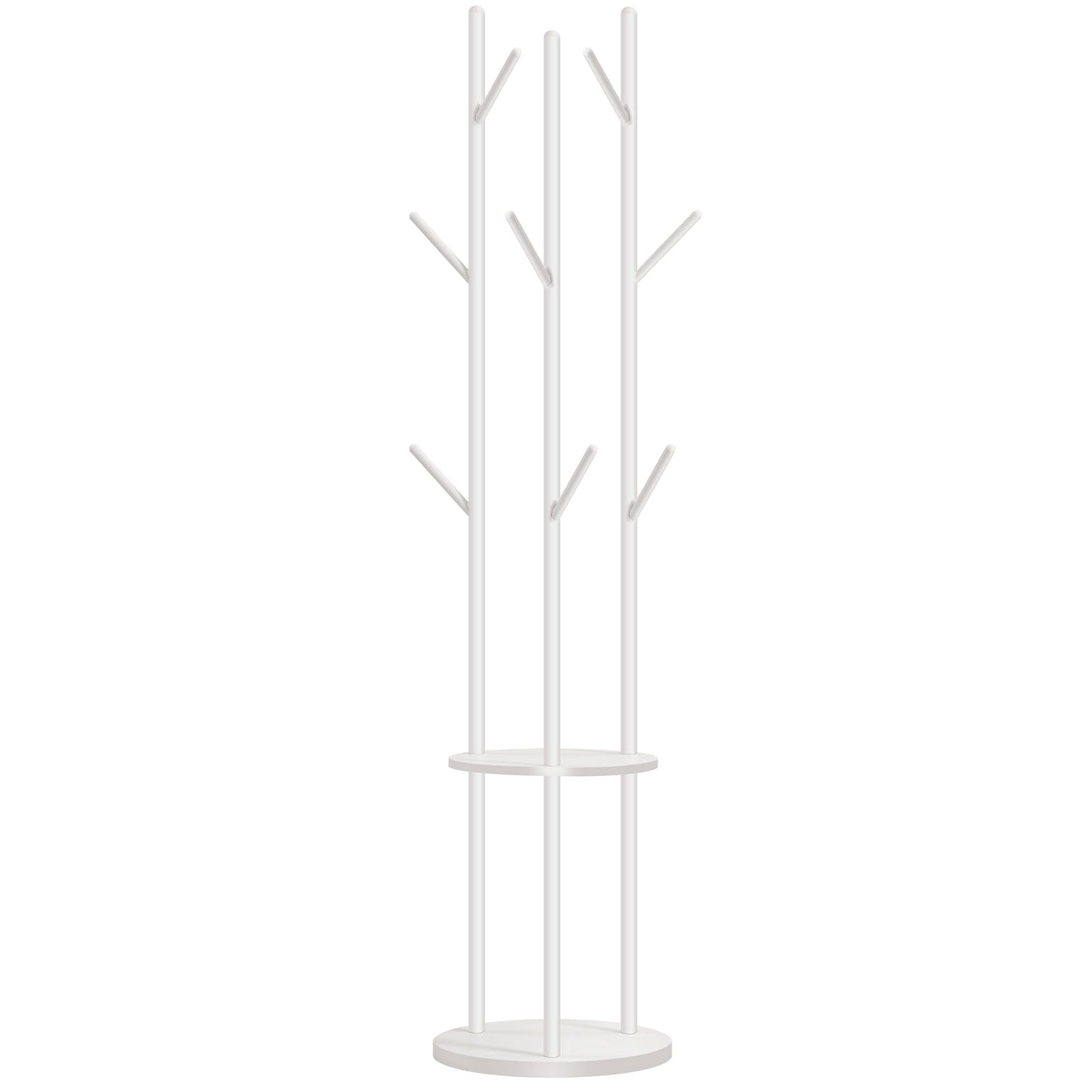 HOOBRO Coat Stand, Coat Rack for Hallway, Freestanding Coat Rack Stand with 8 Hooks, Storage Shelves, Hall Trees for Clothes, White EWT33YM01