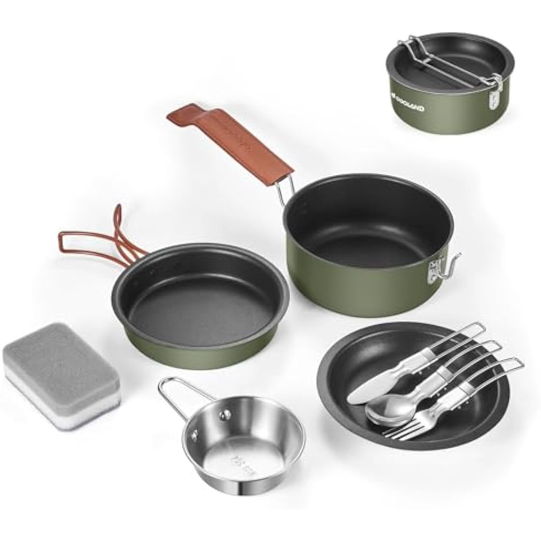 Odoland 10 pcs Camping Cookware Set, Non-Stick Lightweight Cooking Set with Plates Bowls Forks Knives and Spoons - Perfect for Backpacking, Camping, Hiking and Picnicking Green