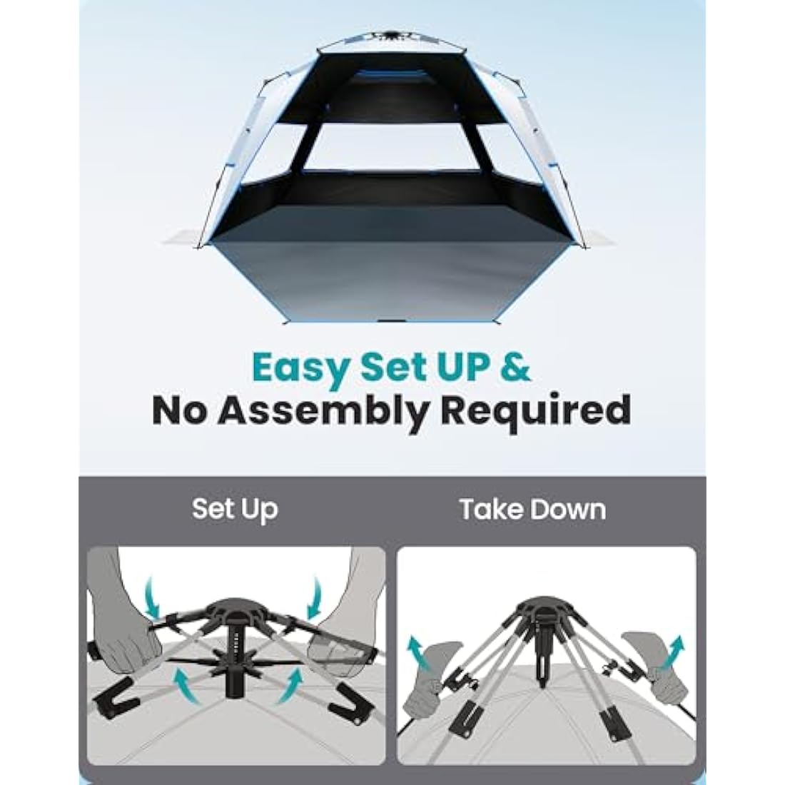 OutdoorMaster Beach Tent with Dark Shelter Technology, Portable Beach Shade Sun Shelter Canopy for 4-6 Person with UPF 50+ UV Protection, Easy Setup Pop Up Tent Family Size - Ocracoke Coast