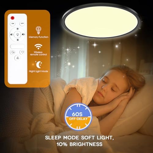Yexati Bathroom Light 24W 3200LM 30cm Dimmable with Remote Control 6500K-3000K, IP54 LED Bathroom Light Ultra Thin Flush Ceiling Light Round for Kitchen Toilet Porch Bedroom Utility Room Black 4 Pack