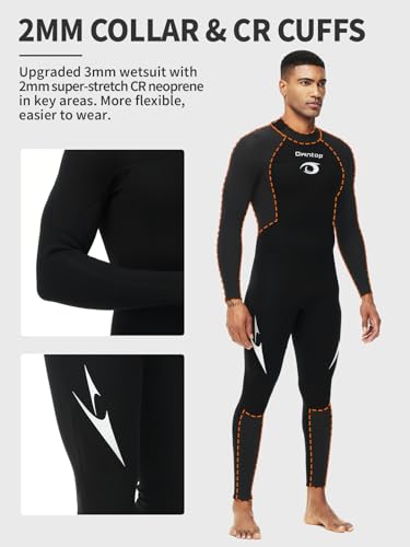 Owntop Men's Full Length 3/2mm Wetsuit, Ultra-Stretch Long Sleeve Winter Wetsuit, Back Zip Adult Neoprene Surfing Diving Wet Suit, Men Black L