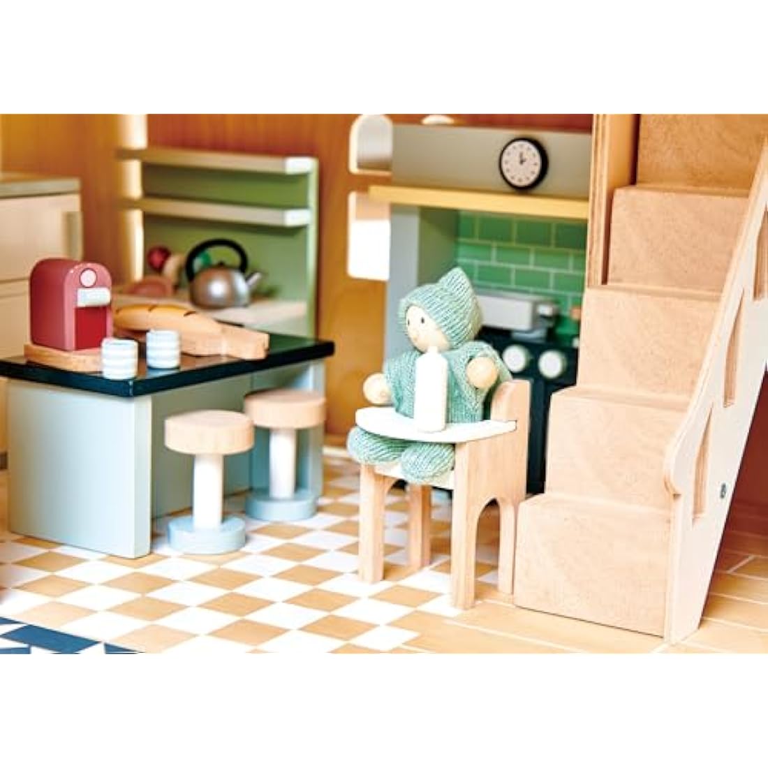 Tender Leaf Toys Dolls House Kitchen Furniture - Wooden Kitchen Furniture with Aga, Sink Unit, Fridge and Island Unit for Dolls 10-12cm Tall