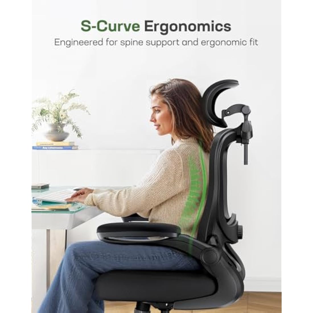 Marsail Ergonomic Office Chair: Ergonomic Gaming Chair with 3D Headrest, 3D Lumbar Support, Flip-up Armrests, High Back Adjustable Desk Chair with 90-120° Tilt Lock, Thick Cushion, Swivel Task Chair