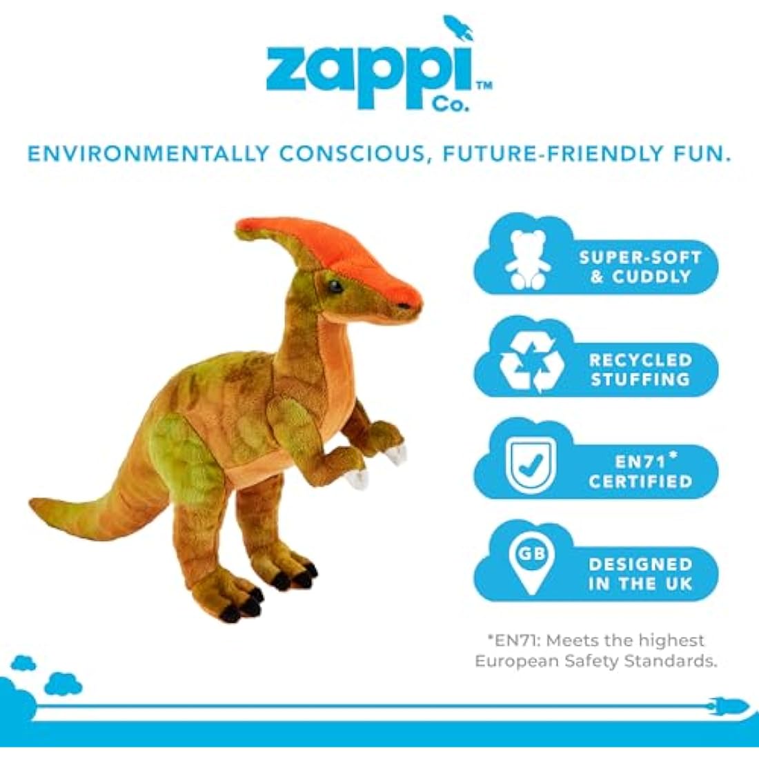 Zappi Co Plush Children's Stuffed Soft Cuddly Plush Toy-Part of Safari Animals Collection, Perfect for Kids (29cm Depth)(Parasaurolophus Dinosaur)