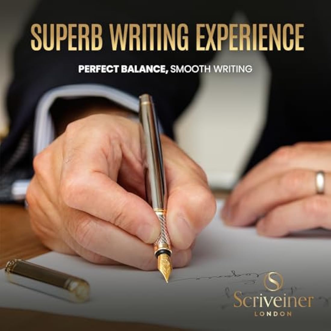Scriveiner Silver Chrome Fountain Pen - Stunning Luxury Pen, Real Gold Plating, Schmidt Gilded Nib (Extra Fine), Best Pen Gift Set for Men & Women Professional Executive Office Nice Designer Pen