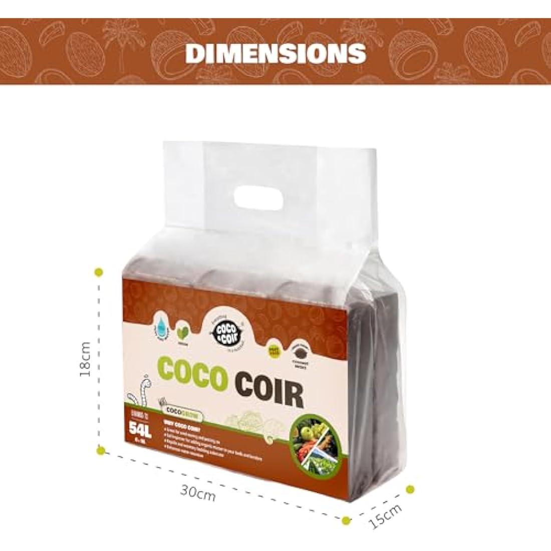 Coco & Coir 6 x 650g Organic Peat Free Compost Coco Soil. Reptile, Turtle Vivarium Substrate - Coco Grow (54L), Brown(Packaging may vary)