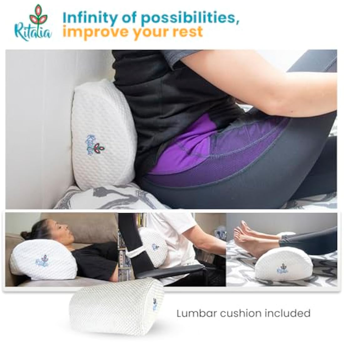 Ritalia® Wedge Cushion with 3 Elevations 60 x 60 x 30 cm, Ideal Anti-Reflux Pillow for Adults, Reading Cushion and Bed Backrest. Made of Memory Foam and Injected Gel