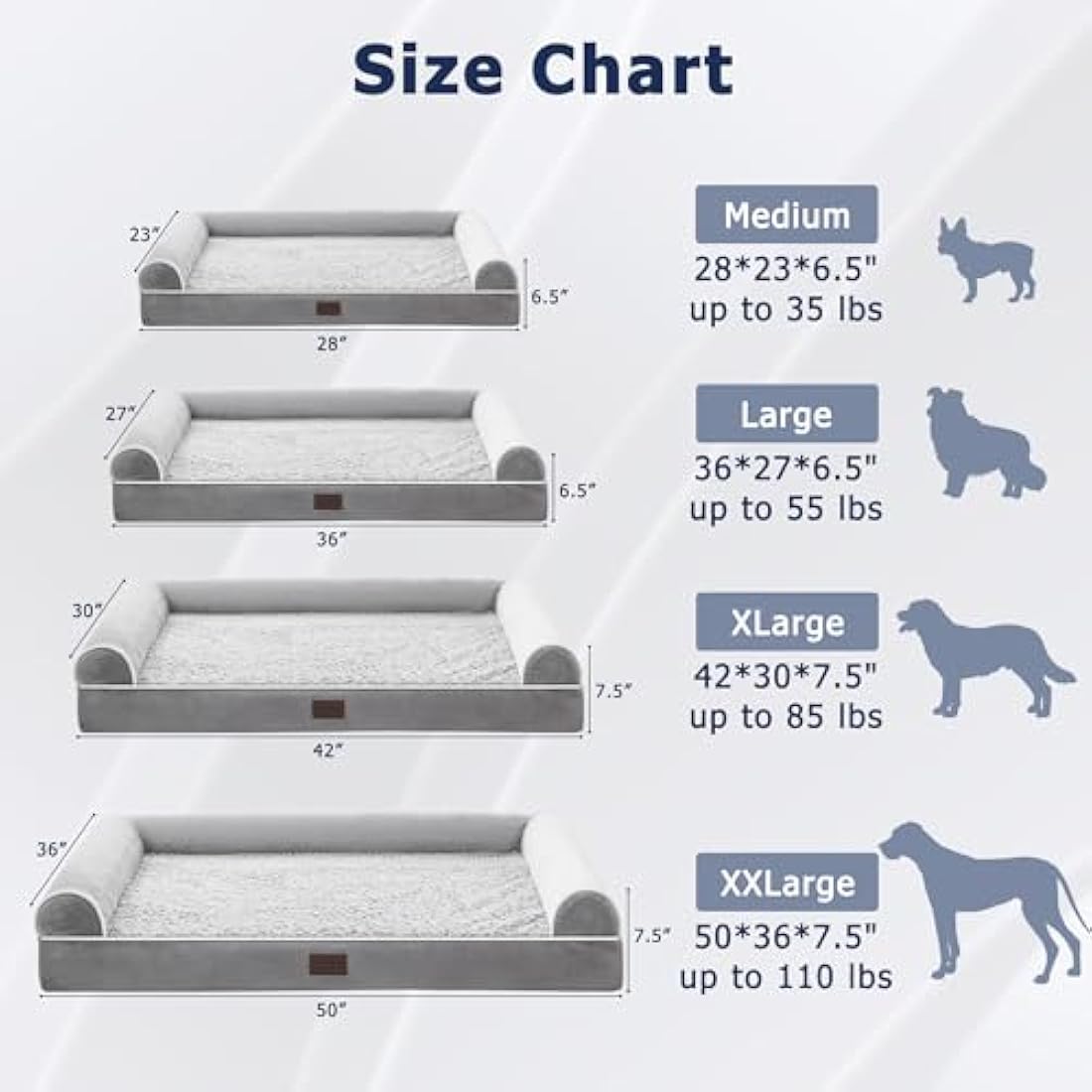 WESTERN HOME Dog Beds Large Washable,Soft Orthopedic Dog Beds with Removable Washable Cover,Extra Large Waterproof with U-Shape Bolster Grey, 91 x 68 x 17 cm
