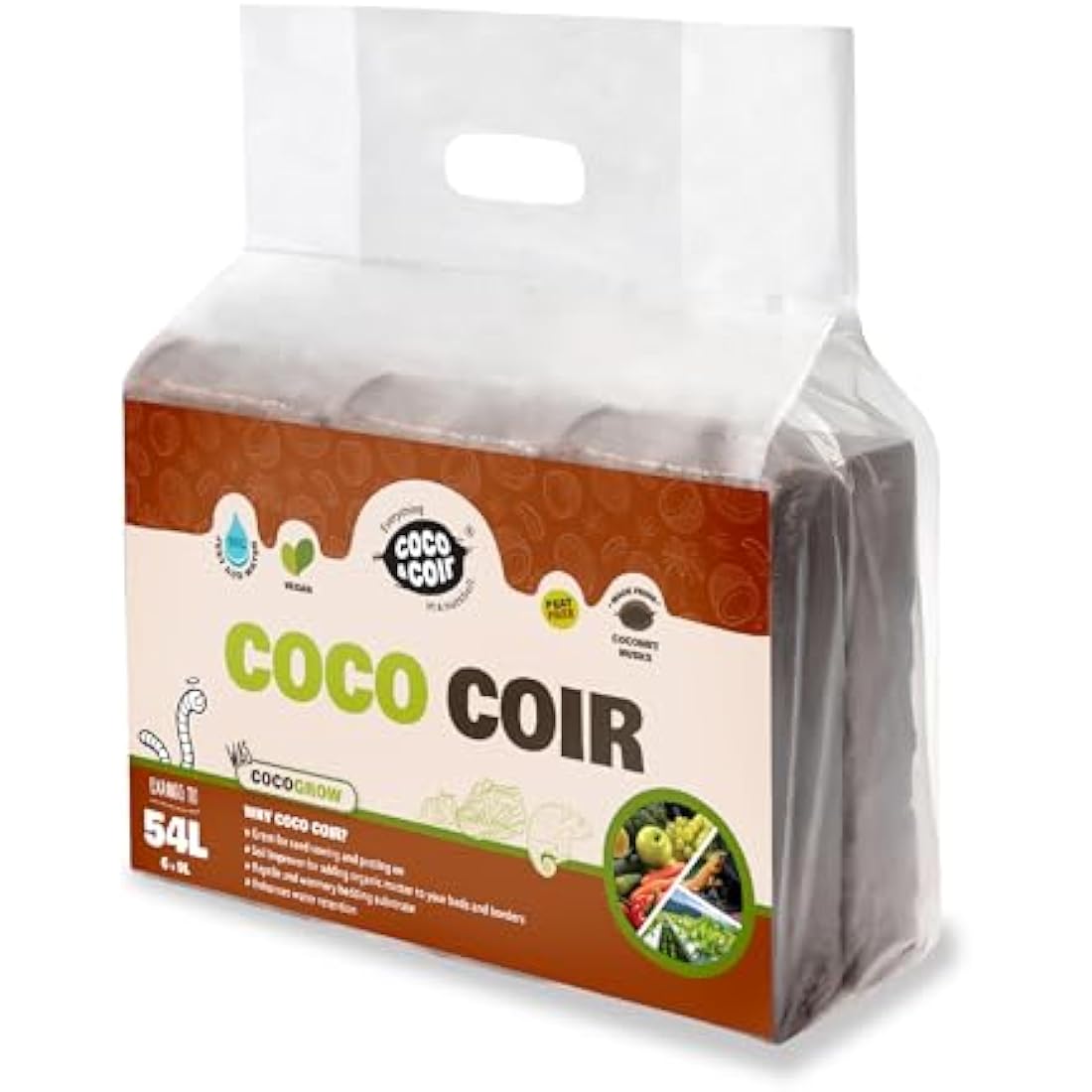 Coco & Coir 6 x 650g Organic Peat Free Compost Coco Soil. Reptile, Turtle Vivarium Substrate - Coco Grow (54L), Brown(Packaging may vary)