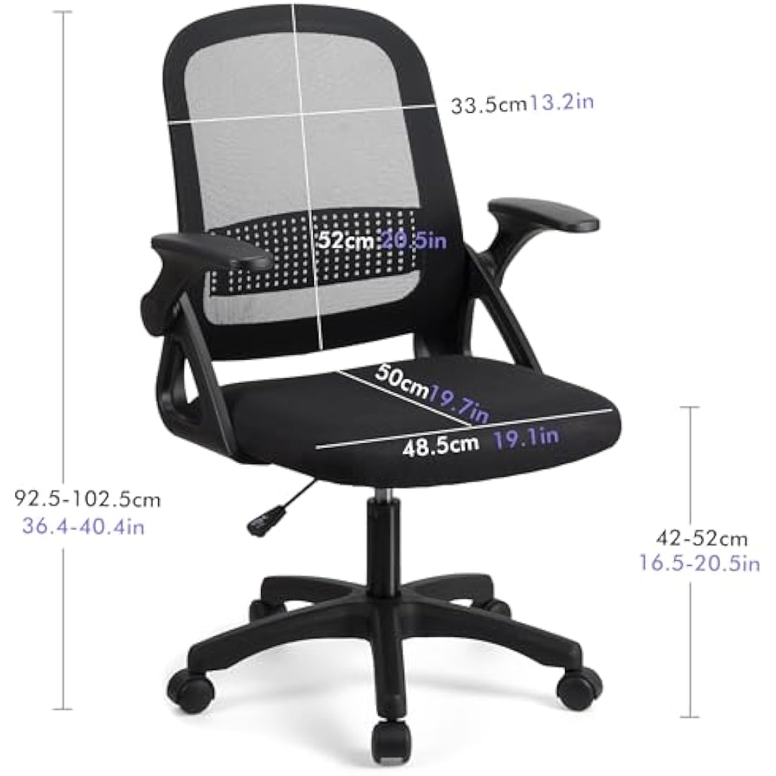 T-THREE.Adjustable ergonomic mesh swivel chair, office and study seat with lumbar support, height adjustment, 360° rotation, 90° flip-up armrests for home office(Black)
