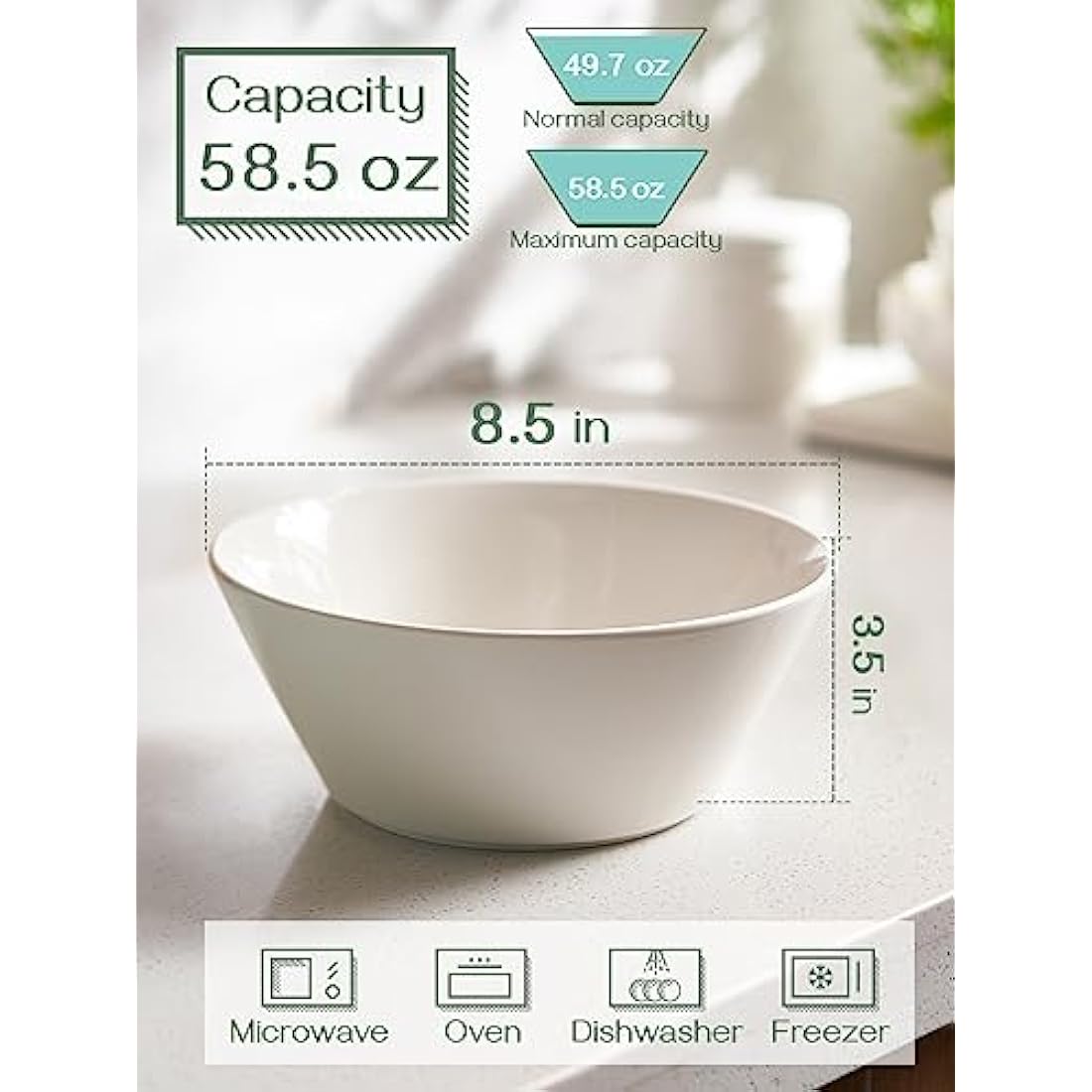 DOWAN Ceramic Soup Bowls, 1730ml Large Salad Bowl Set of 4, Φ 21.8cm White Serving Bowls, Large Snack Bowls Bouillon Cups for Kitchen, Dishwasher & Microwave Safe
