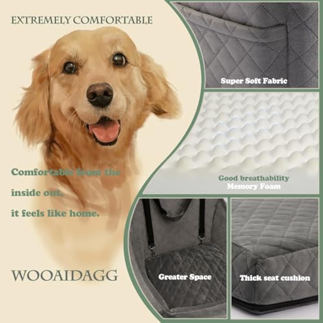WOOAIDAGG Dog Car Seat for Medium Sized Dog,Pet Travel Car Bed with Seat Belt Channel,Fully Detachable and Washable Car Dog Seat with Adjustable Straps,3 Straps Easy to Install (Grey)