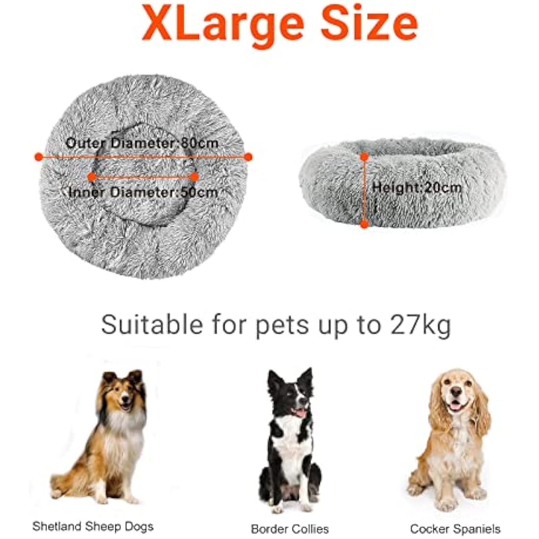OKPOW Donut Dog Bed Extra Large Washable - 80cm Anti Anxiety Calming Cosy Fluffy Plush Puppy Kitten Round Super Soft Snuggle Pet Cat Beds for Indoor Cats Light Grey