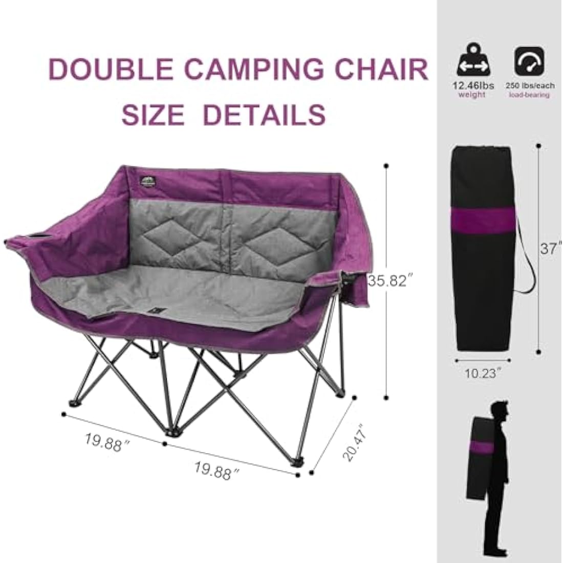 LANMOUNTAIN Folding Loveseat Camping Chair, Portable Double Chair w/Cup Holder,Wine Glass Holder,Carry Bag Heavy Duty Lawn Chair for 2 Adults,Perfect for Camp,Hiking,Picnics and Beach Trips,Purple