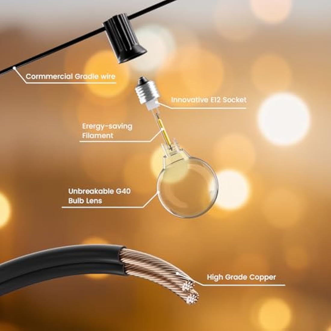 Yuucio Outdoor LED String Lights 100FT, 30M Festoon Lights Mains Powered with 52 Plastic Bulbs, Waterproof for Garden Patio Backyard Gazebo Weddings Halloween Decorations, Warm White 2700K