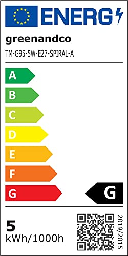 greenandco E27 G95 LED Vintage Filament Bulb 5W Replaces 35W 400lm 2000K Extra Warm White 360 230V, no Flicker, not dimmable, 4-Pack