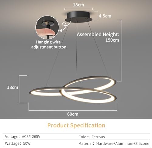 Mikeru Modern Hanging Chandelier with Memory 3000k/4500k/6500k Kitchen Island Pendant Light, Height Adjustable 1.5M Ceiling Pendant Light for Kitchen, Dining Room, Living Room, Bedroom