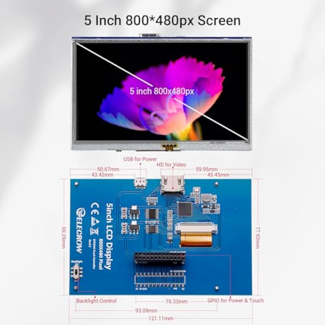 ELECROW For Raspberry Pi Screen, 5 inch Small Monitor 800x480 TFT Touch Screen Monitor Compatible with Raspberry Pi Banana Pi BB Black Windows 7 8 10 Jetson Nano