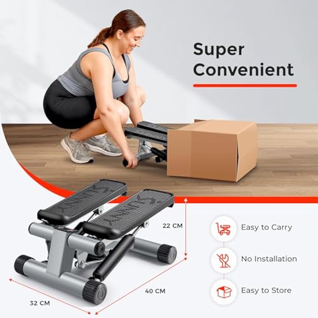 Sunny Health & Fitness Mini Stepper for Exercise at Home, Stair Step Workout Machine with Resistance Band and Over 135KG Weight Capacity, Optional Twist Motion and Free SunnyFit App Connection