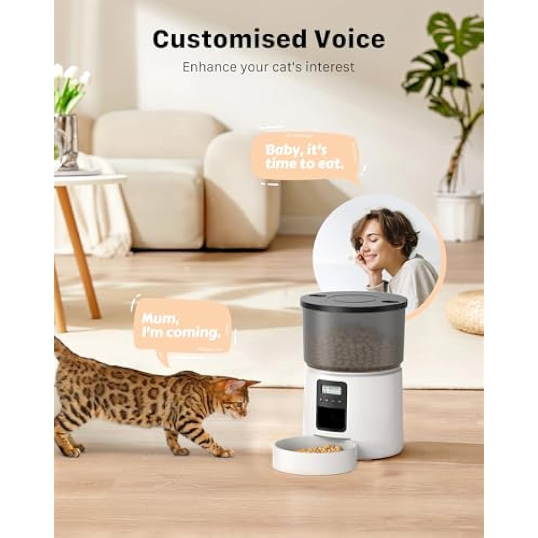 BEMOONY Automatic Cat Feeder, Cat Food Dispenser with 1-6 Meals, Customized Feeding Schedule for Cats & Dogs, Dual Power Supply, Double Lock, 10s Voice, 3L Pet Feeder Including Desiccant Bag, White