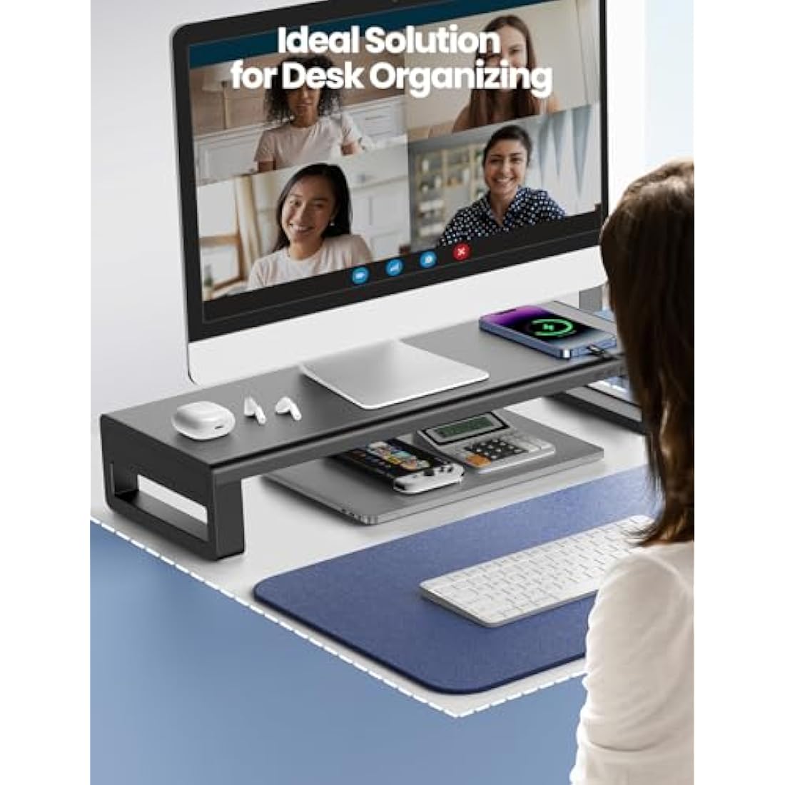 VAYDEER Monitor Stand with 4 USB 3.0 Ports, Metal Computer Screen Riser Lifter for Desk, Office PC Screen Shelf Tidy Space Saver Organiser for Laptop, Computer, iMac, up to 32 Inches - Black