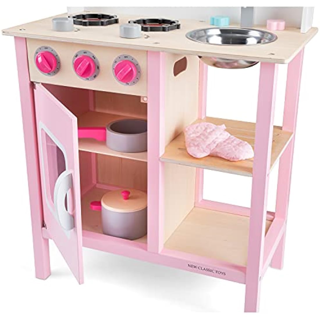 New Classic Toys 11054 Wooden Pretend Toy Kitchen for Kids Role Play Included Accessoires-Pink