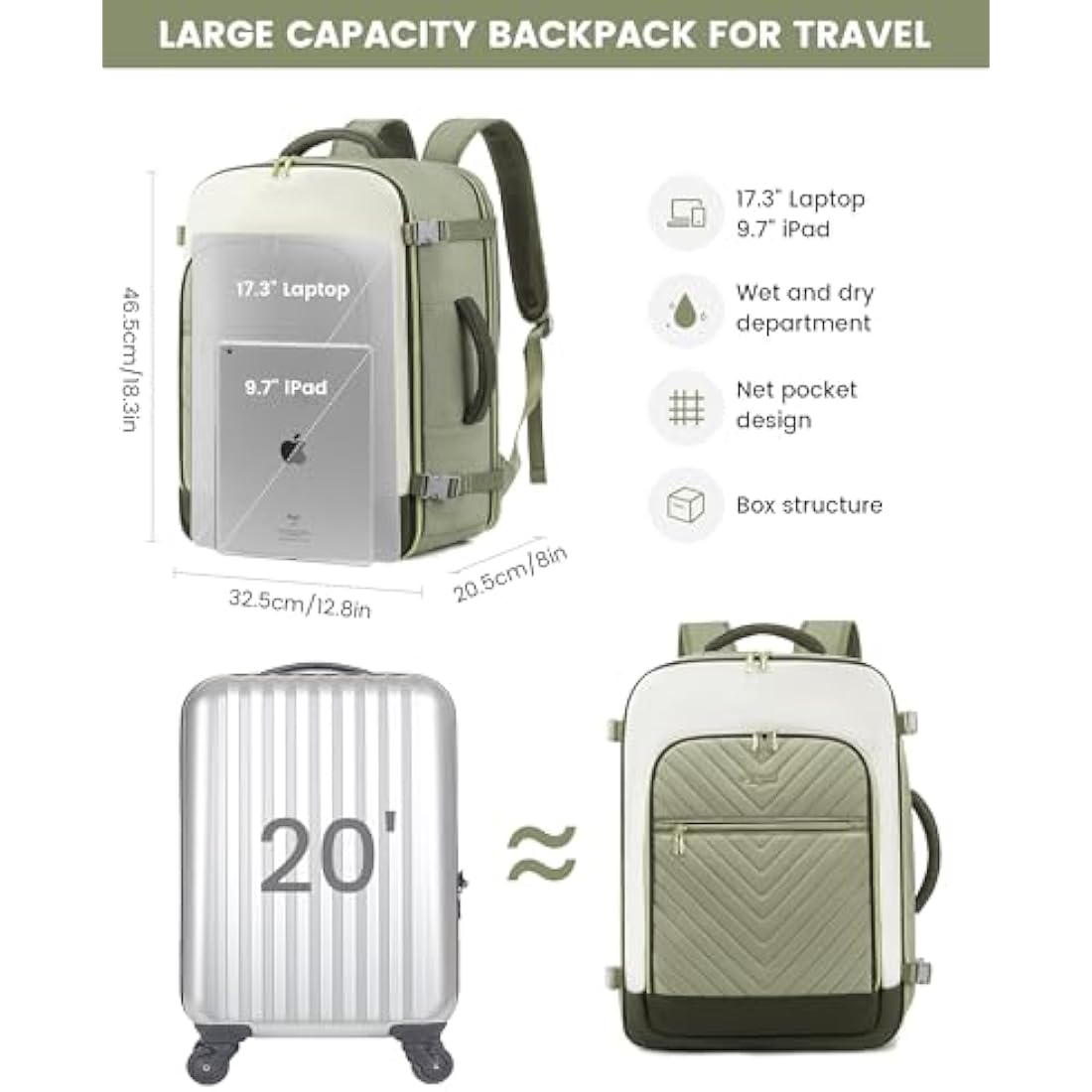 LOVEVOOK Cabin Backpack for Travelling 40L Hand Luggage Rucksack Bag for Women Waterproof Weekend Overnight Carry On Bag 17 inch Laptop Backpack Large Ladies Maternity Hospital Bag