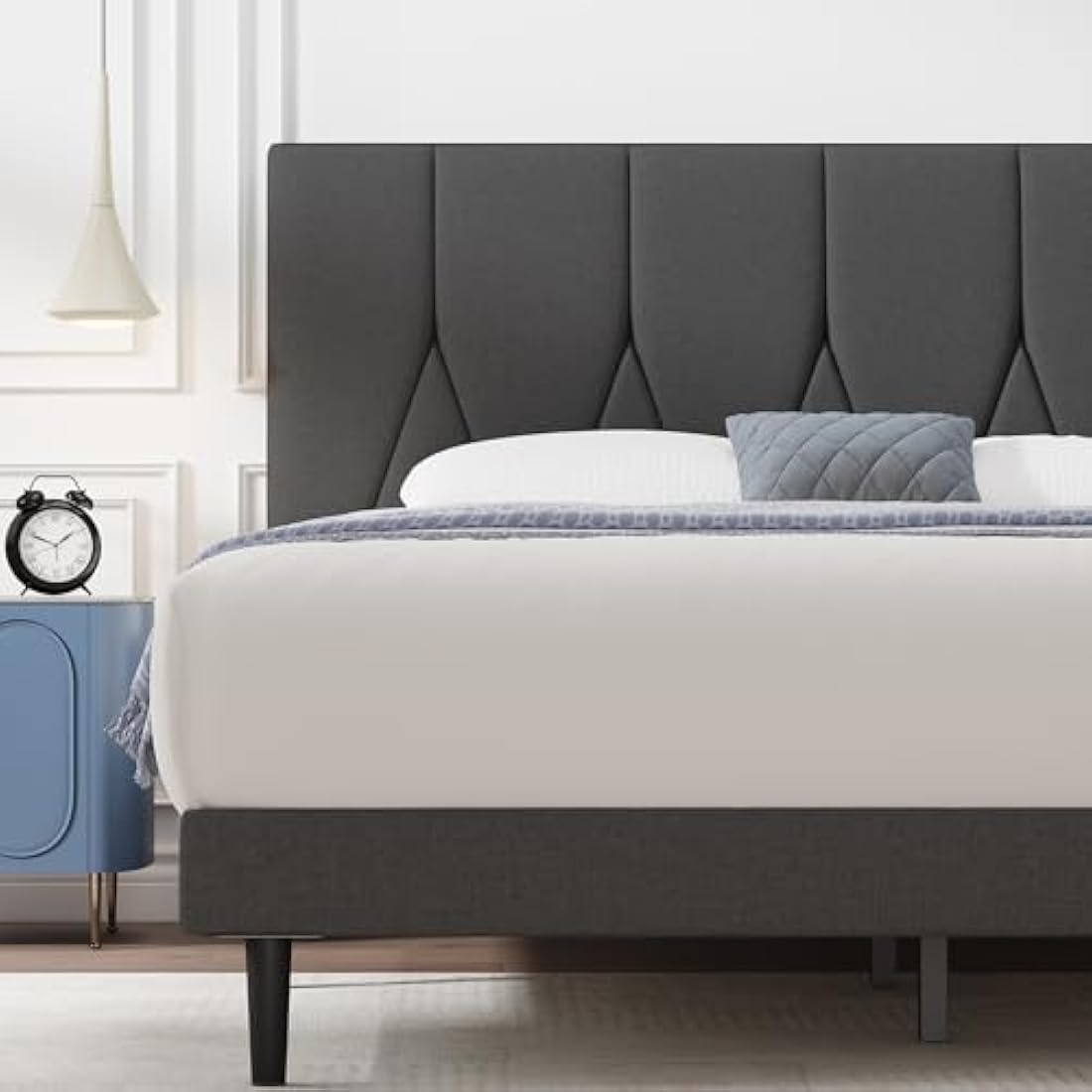 Yocreat Super King Bed Frame, Dark Grey, Upholstered Wooden Slat Bed Frame with Headboard, Easy Assembly, Underbed Storage, No Box Spring Needed 180×200