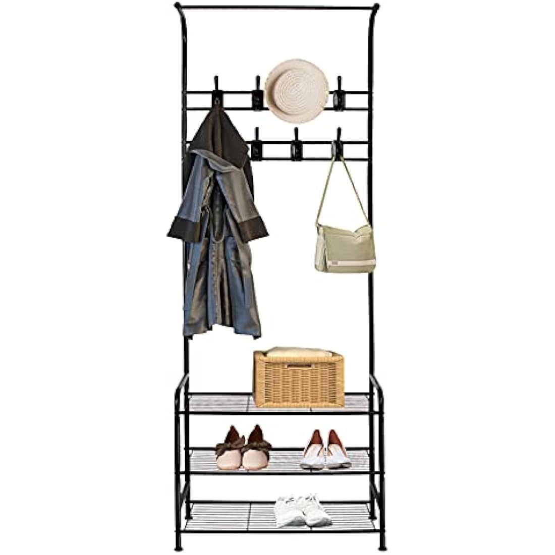 Innotic Coat Rack,Shoe Rack With Coat Hanger 16 Hooks Free Standing Coat Stands For Hallway, Entrance, Matte Steel Coat Rack Stand, Black