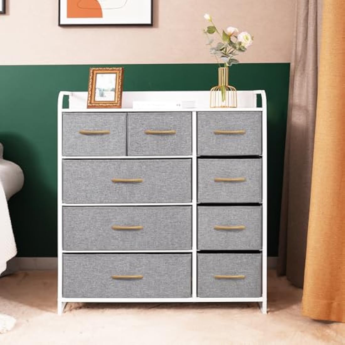 LYNCOHOME Chest of Drawers,Cationic fabric 9-Drawer Storage Organizer Unit for Bedroom Living Room Closet, Sturdy Steel Frame, Easy Pull Fabric Bins & Wooden Top, Fabric Dresser (Snow gray)