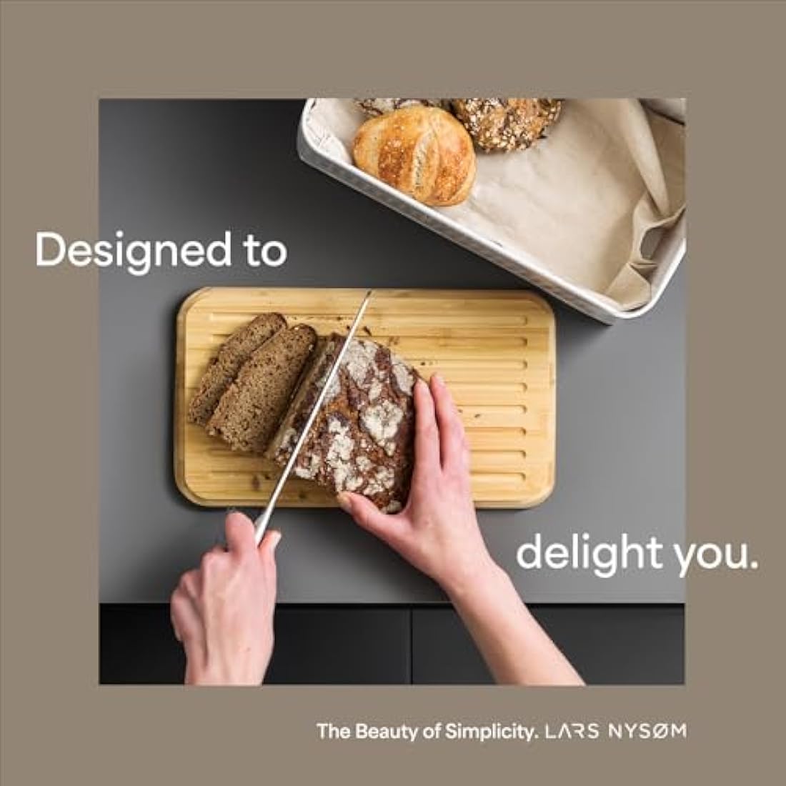 LARS NYSØM Bread Bin I Metal bread box with linen bread bag for long lasting freshness I Bread bin with bamboo lid usable as cutting board I 13.4x7.3x5.3 In (Pure White)