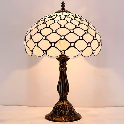 WERFACTORY Tiffany Lamp Cream Amber Stained Glass Bead Table Lamp Desk Bedside Reading Light 12X12X18 Inches Deco Bedroom Living Room Home Office S005 Series