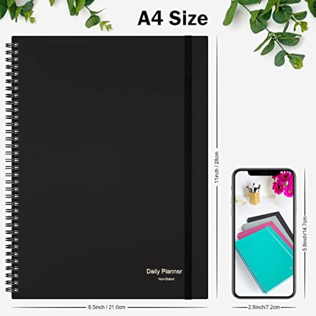 Planner Undated, Asten Daily Planner Agenda with To Do List, Hourly Schedules for Women and Men, Spiral Appointment Book with Elastic Closure, Inner Pocket 21.6 x 28cm (Black)