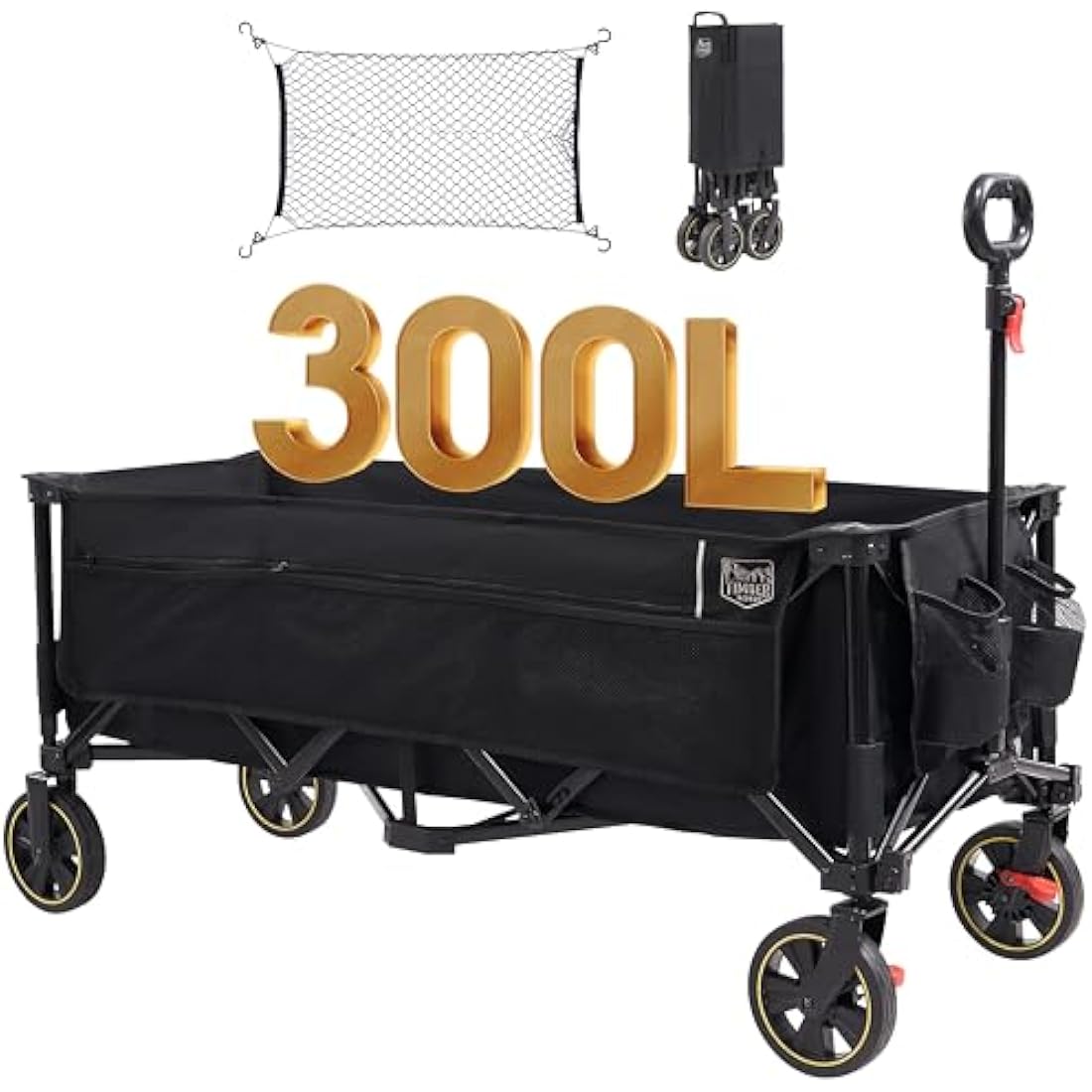 TIMBER RIDGE Extended Festival Trolley with Brakes & Cargo Net, 300L Large Collapsible Folding Wagon with Adjustable Handle & Cup Holder, 160kg Heavy Duty Cart for Camping Shopping Hiking, Black