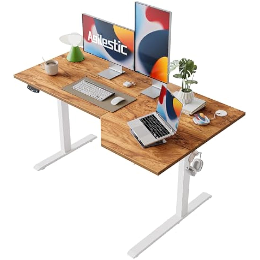 Agilestic L-Shaped Electric Standing Desk, 140cm Height Adjustable Sit-Stand Desk for Home Office, Ergonomic Computer Desk with Spliced Board, Light Brown