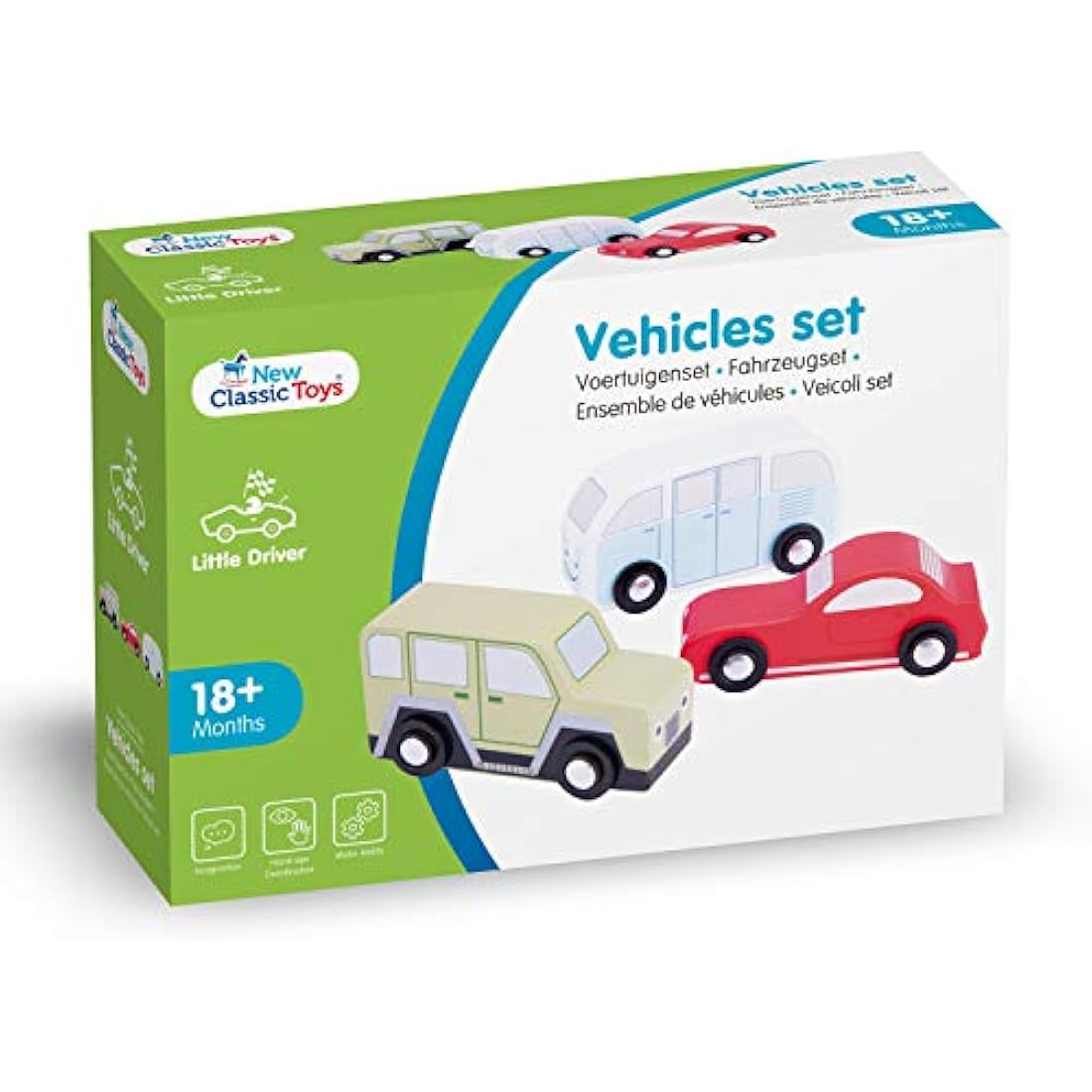 New Classic Toys - Wooden Cars Set - Includes Sportcar, Minibus and Off-Road Vehicle - Wooden Toys, Toy Cars, Kids Car's Set, Montessori Toys - Set of 3 Pcs