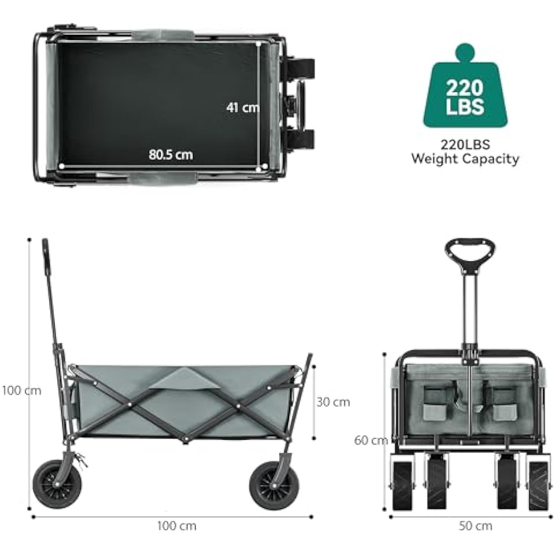 YITAHOME Beach Trolley with Big Universal Wheels, Folding Wagon with table 2 Drink Holders, Large Capacity 220 lbs Adjustable Handle Height, Festival Trolley for Outdoor Garden Picnics (Gray)