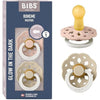 BIBS Boheme Glow in The Dark Soother 2-Pack. BPA Free. Round Nipple Latex, Size 1 (0-6 Months), Blush Glow/Vanilla Glow