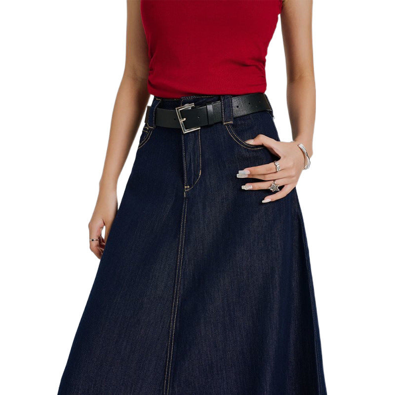 Women's Solid Color Loose Fit Blue Vintage Denim Skirt
