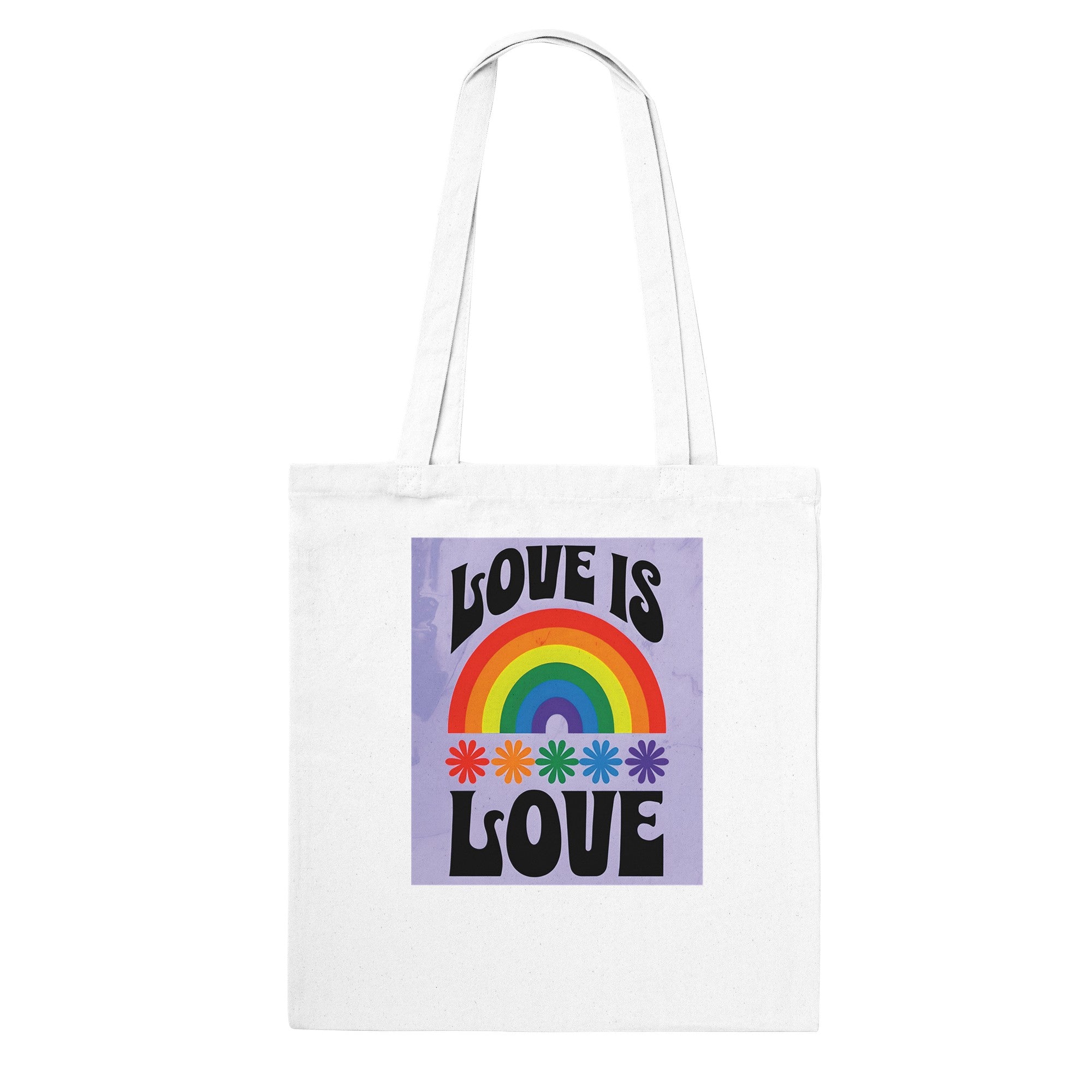 Love Is Love Tote Bag – LGBTQ+ Pride Rainbow Shopper Bag - Eco-Friendly Reusable Cotton Tote with Retro 70s Style Design