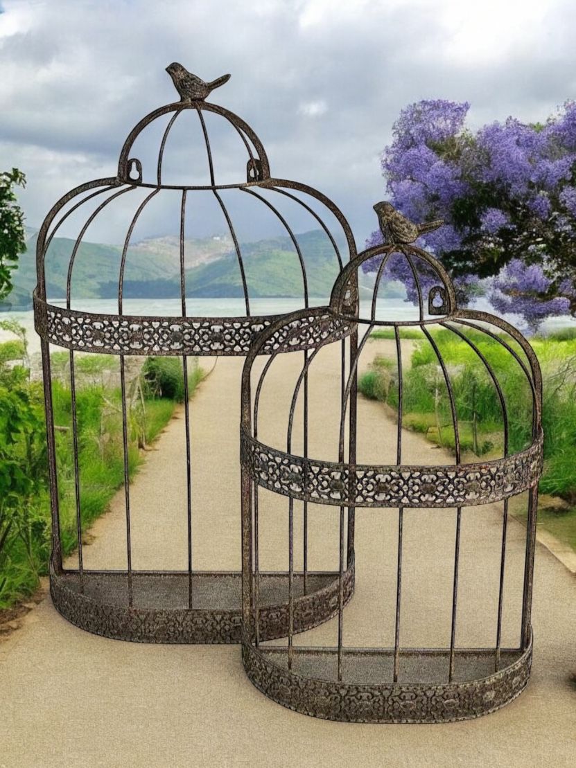48/60CM SET 2 FLOWER BASKET BIRD CAGE WALL MIRRORS