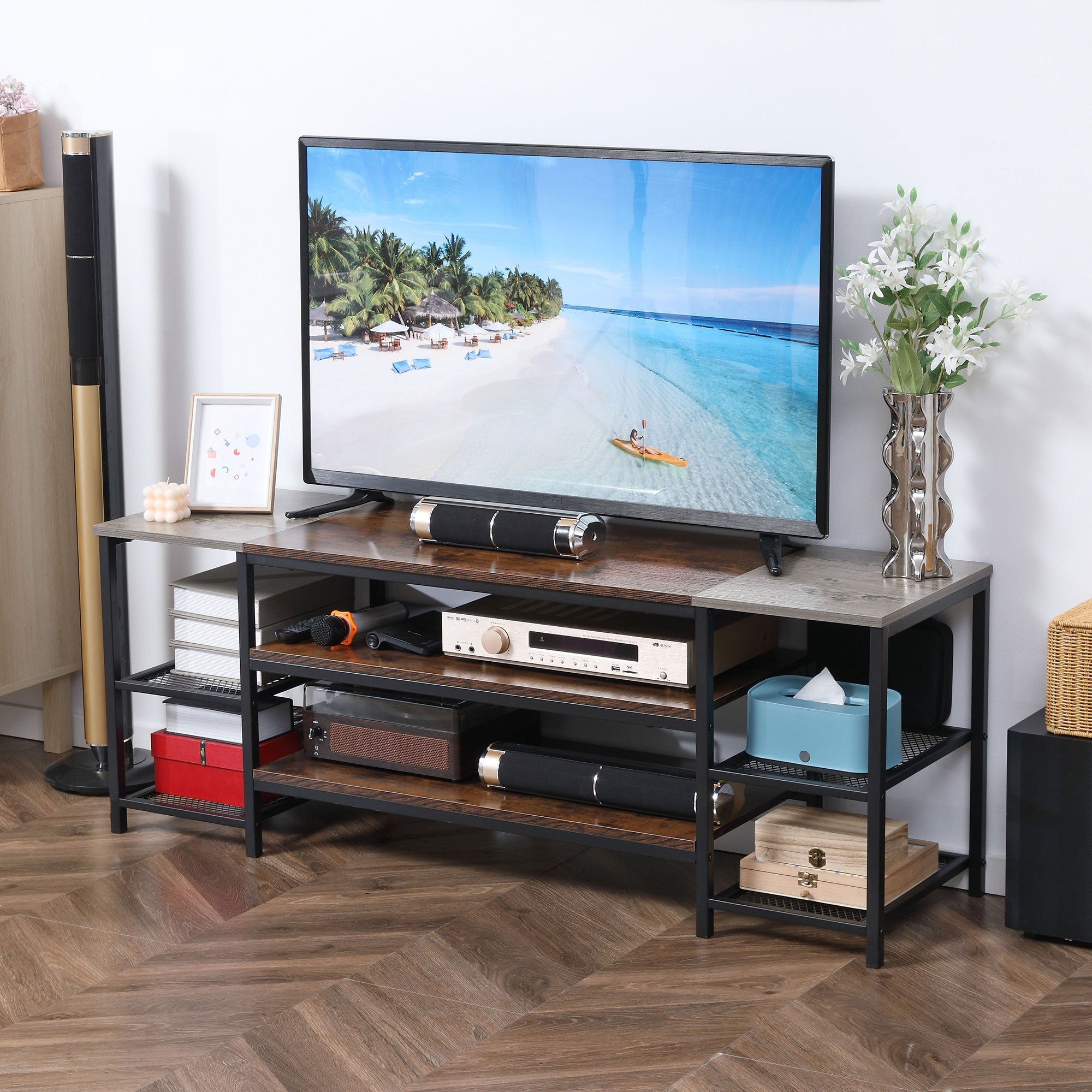 TV Unit Cabinet for TVs up to 65Inches with Shelves Brown and Grey HOMCOM